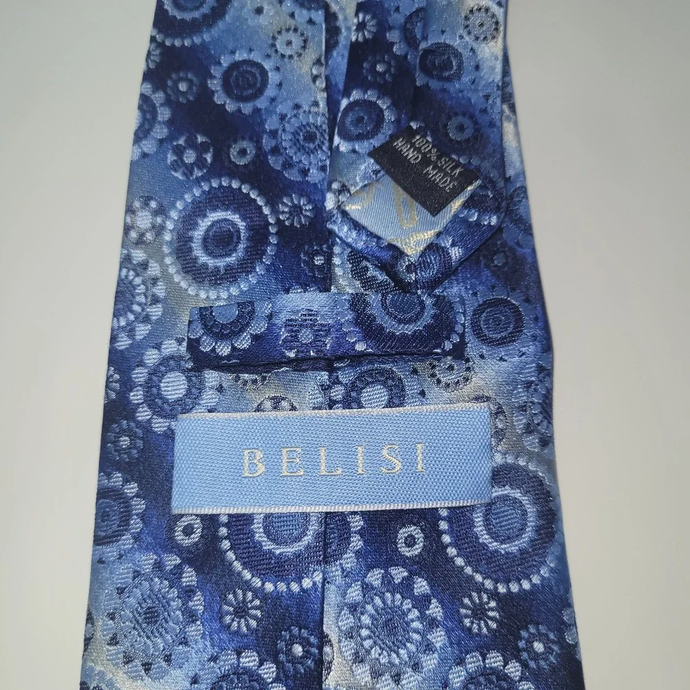 Belisi Mens Necktie Blue Gray‎ Circle Floral 100% Silk Handmade Business Preppy